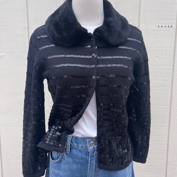 Elana Carello Black Sequin Sweater with Faux Fur Trim Size Small - Picture 1 of 8